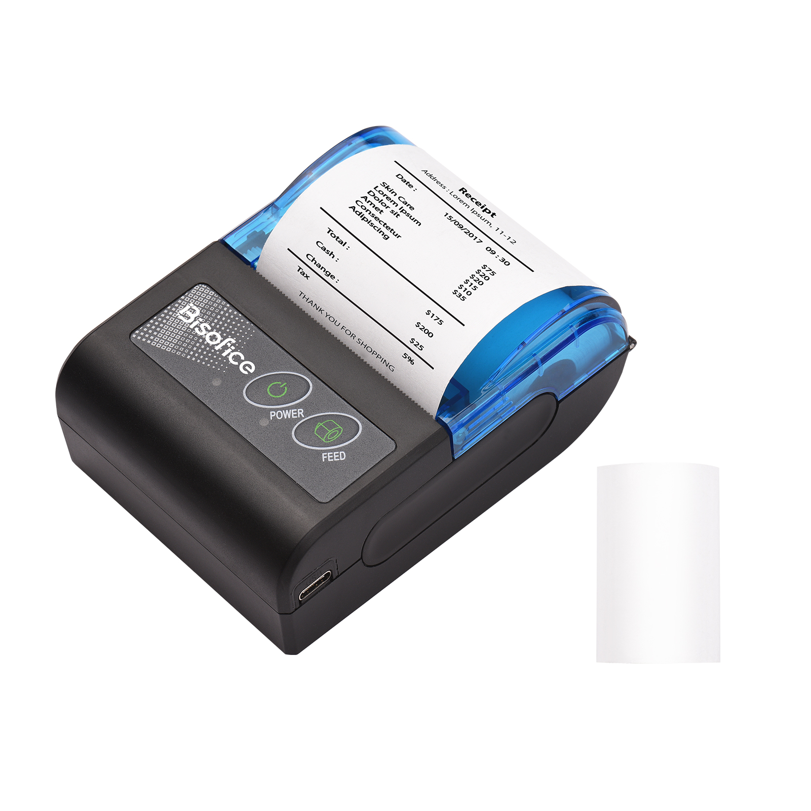 Bisofice เครื่องพิมพ์ใบเสร็จขนาดเล็กแบบพกพา, เครื่องพิมพ์ใบเสร็จใบเสร็จ USB ไร้สายขนาด2นิ้วพร้อมกระดาษพิมพ์58มม. สำหรับร้านอาหาร