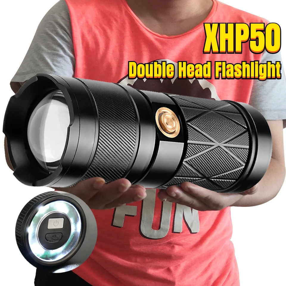 XHP50 супер яркий светодиодный фонарик с двойной головкой водонепроницаемый перезаряжаемый масштабируемый фонарик рабочий свет прожектор прожектор фонарь