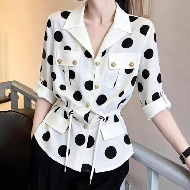 Franse Polka Dot Blouse V-hals Knoopsluiting Trekkoord Taille Slim Fit Top 2026 Lente Herfst Pendelen Kantoor Elegant Dames Blouse