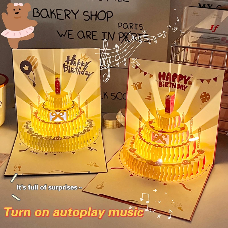 Tarjeta de pastel de cumpleaños Musical 3d con luz Led, tarjetas de felicitación Pop-up con sobre para todas las ocasiones, tarjetas postales para niña, niño y esposa
