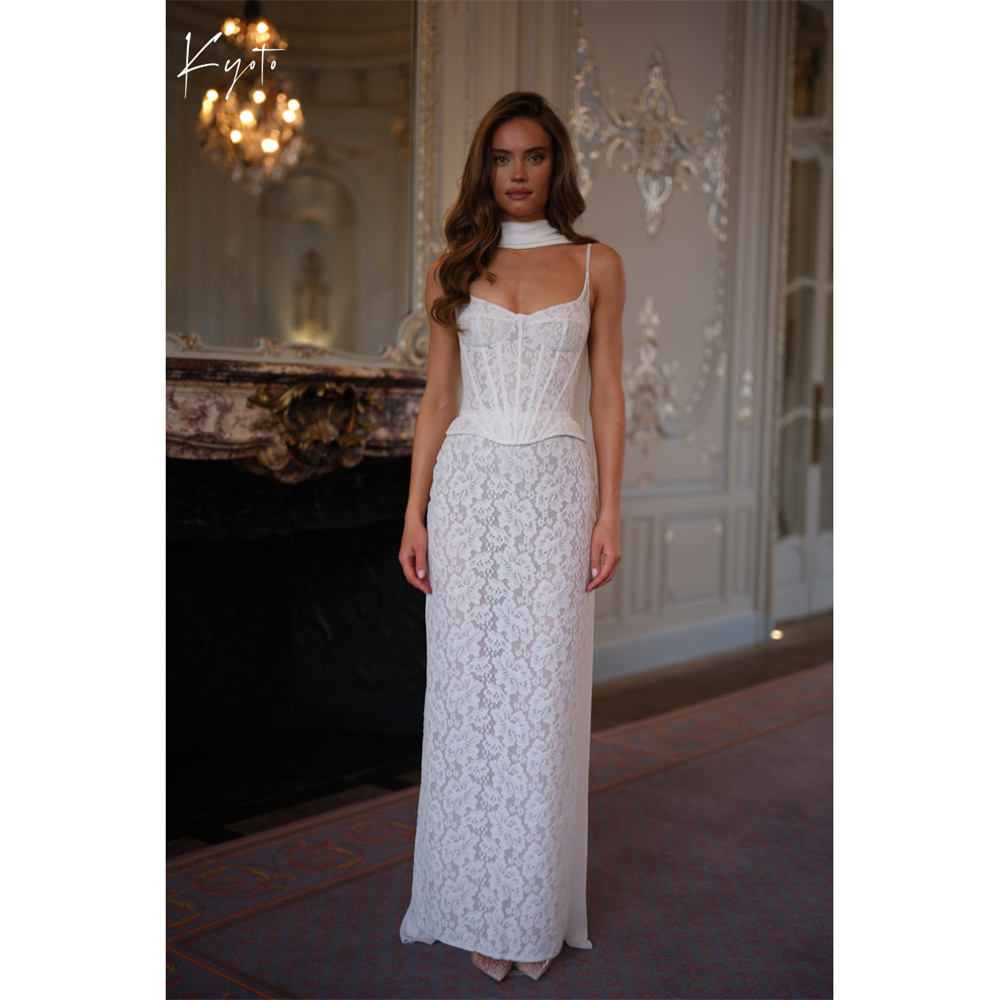 Kyoto-vestido de novia con corsé bordado de encaje de color marfil personalizado, vestido de novia con tirantes finos, largo hasta el suelo, vestido Formal con hendidura
