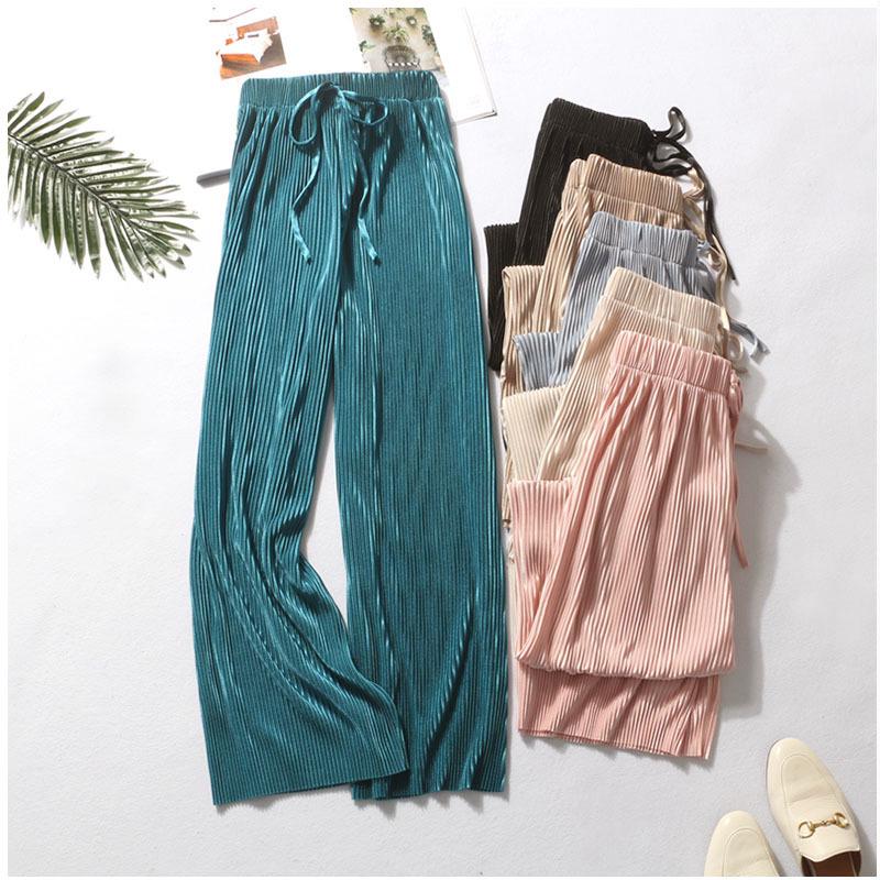 Moda feminina verão calças de perna larga plissado calças de seda gelo cintura elástica solta calças casuais