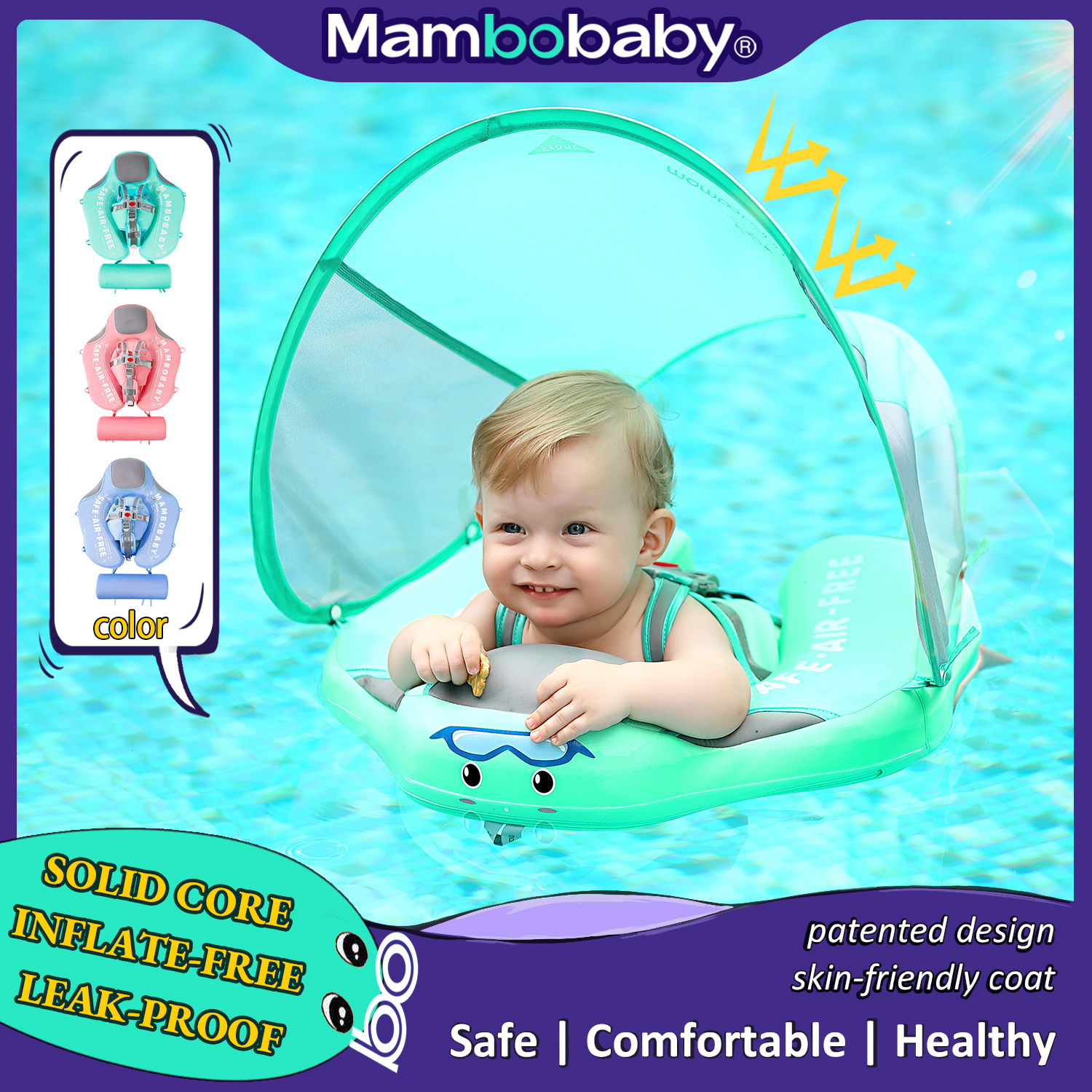 Mambobaby Flotador para bebé con toldo parasol y correa en la entrepierna, núcleo seguro inflable, accesorio de piscina, juguete de agua para Baño