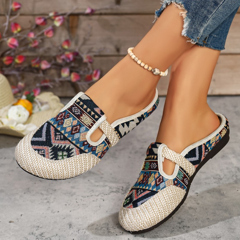 Etnische stijl geborduurde schoenen Nieuwe linnen ademende halve pantoffels voor dames met zachte zolen Dames stoffen schoenen voor één voet