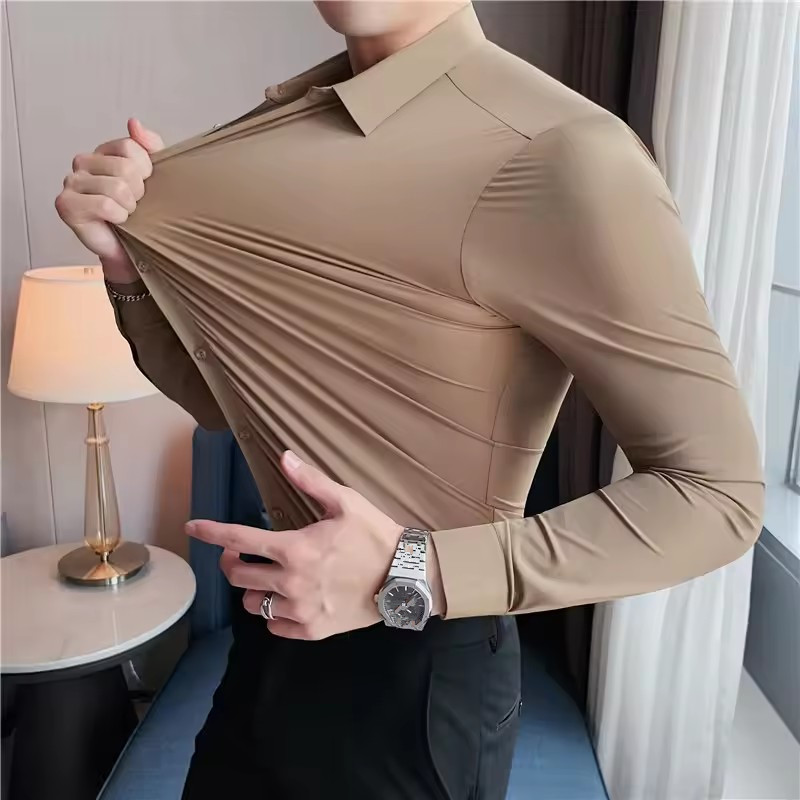 เสื้อเชิ้ตผู้ชายแขนยาว ยืดหยุ่นสูง ป้องกันรอยยับ สำหรับเล่นกีฬา ไร้ตะเข็บ คุณภาพสูง สไตล์ลำลองทางธุรกิจ เนื้อผ้านุ่มหรูหรา เสื้อเชิ้ตสังคม ทางการ