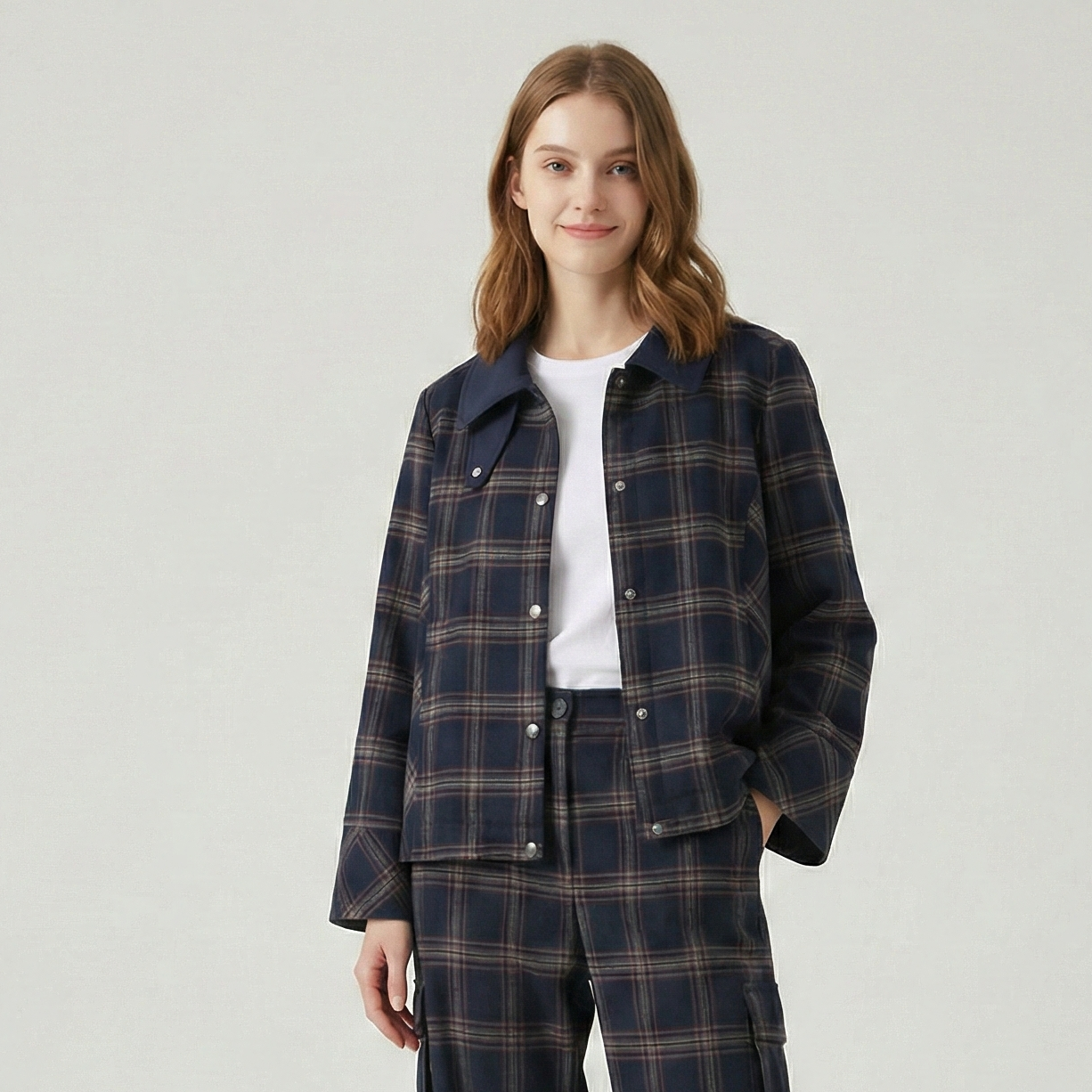 Jaket Kotak-kotak Wanita dengan Hoodie Musim Semi Gugur Kerah Lipat Kancing Jaket Wanita Vintage Mantel Wanita Atasan Wanita