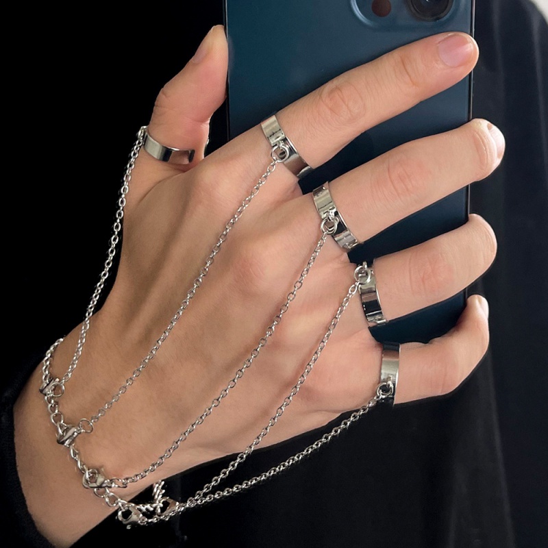 Pulseira de pulso geométrica cor prata para homens mulheres punk anel corrente charme conjunto moda casal jóias presentes pulsera mujer
