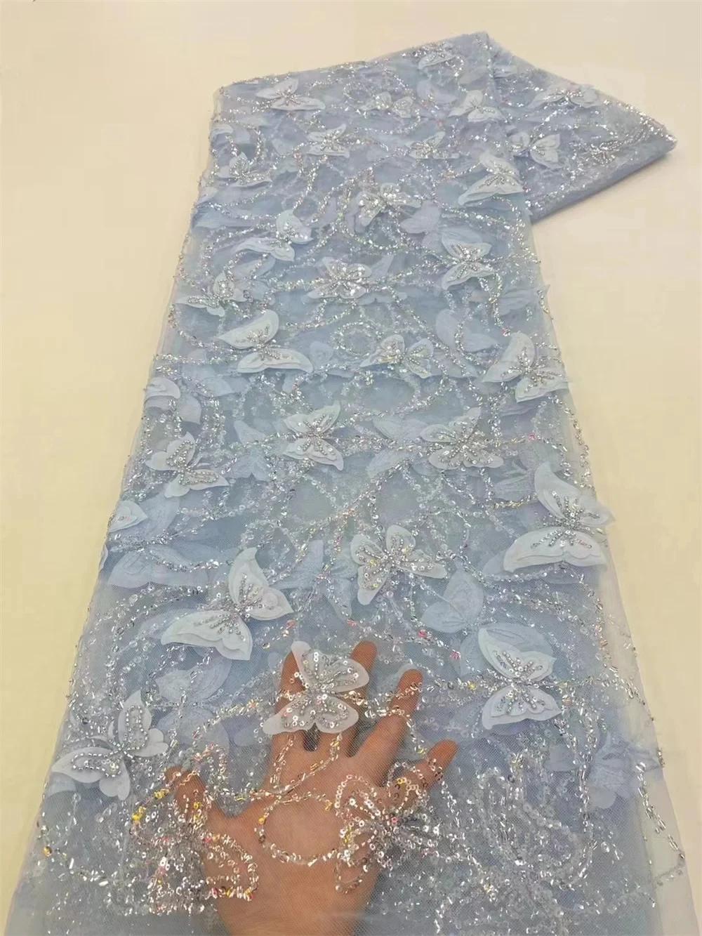 Tecido de Renda Borboleta 3D Africana 2025 de Alta Qualidade com Lantejoulas Nigerianas em Tule, Material Francês para Vestido de Festa de Casamento