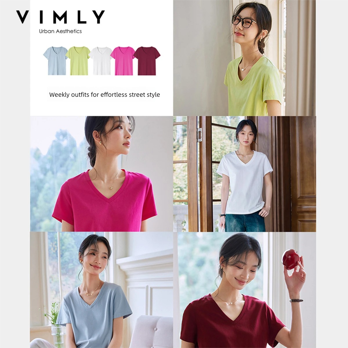 VIMLY Dames Casual V-hals Los T-shirt 2026 Zomer Korte Mouw Katoenmix Eenvoudig Woon-werkverkeer Pullover Veelzijdige Tees Top A0811