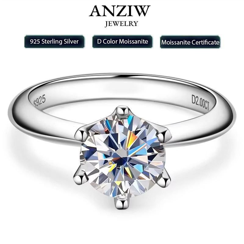 Anziw 2ct 3ct Moissanite Ring 1ct 0.5ct Bruiloft Verlovingsring 925 Sterling Zilver Voor Vrouwen Solitaire Diamanten Vinger Sieraden