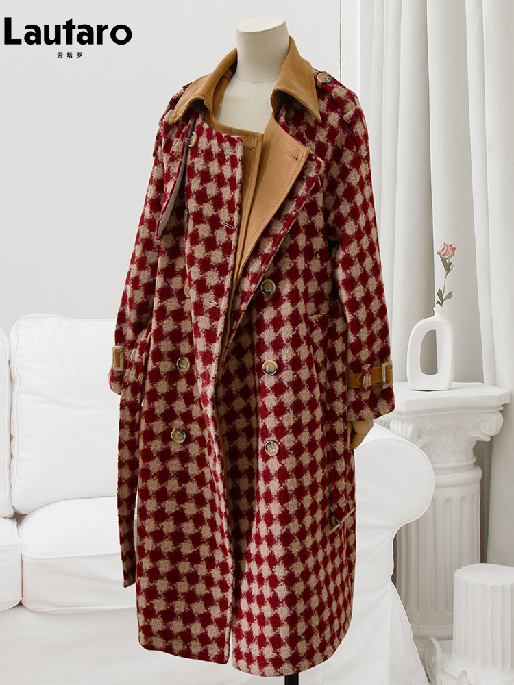 Lautaro outono inverno longo engrossado quente vermelho tweed lã casaco feminino faixas duplo breasted designer de luxo runway fashion 2022