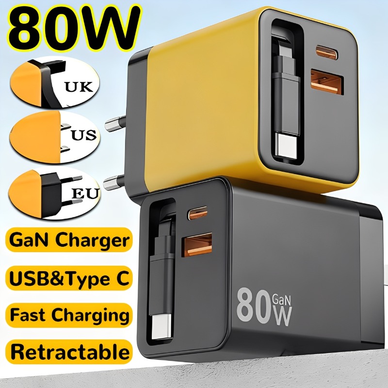 Cargador GaN 3 en 1, cargador rápido MAX de 80W con Cable de datos retráctil para iPhone 17Pro Max, Airpods, Macbook, teléfono, tableta