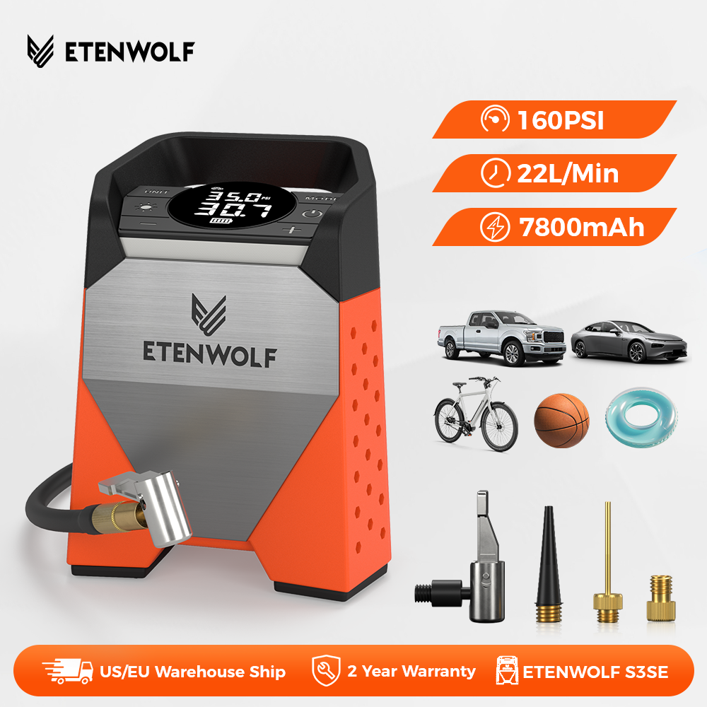 Neuer tragbarer ETENWOLF S3C-Luftkompressor, 7800 mAh, Reifenfüller, schnelles Aufpumpen, 160 PSI, 100 % Arbeitszyklus für Autos, Fahrräder, Bälle