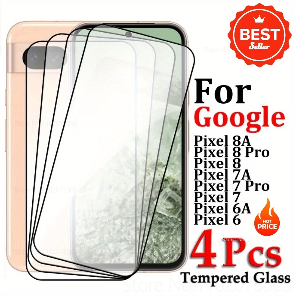 Paquete de 4 protectores de vidrio templado 9D de cobertura total para películas Google Pixel 6 Pro/6a/5a/4a/3a/4 XL/3 XL/Pixel 9 Pro/8 7 Pro/7a/8a/9a