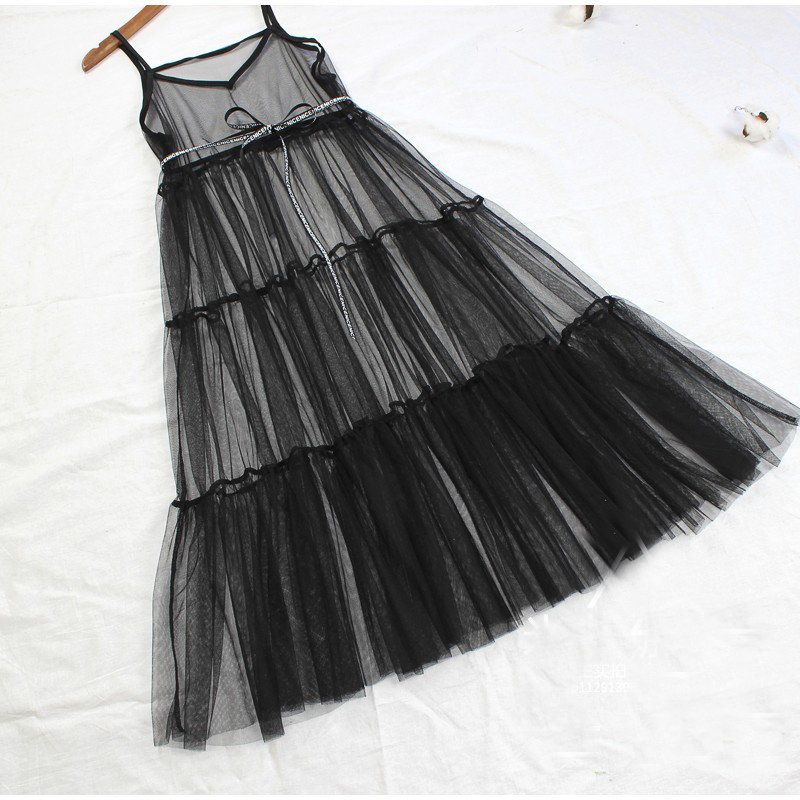 Vestido feminino sexy de malha com decote em V, cinta de espaguete, vestido geral de verão feminino bainha grande linha A, cinto de gravata longa, senhoras