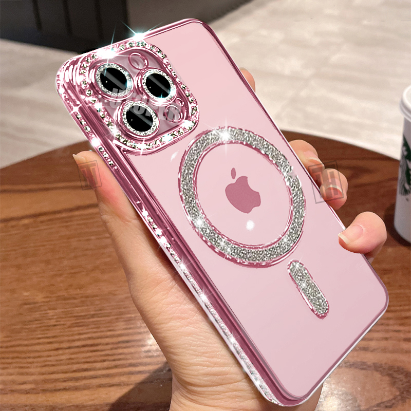 Luxo rosa chapeamento brilhante diamante caso para iphone 16 15 14 13 12 11 pro max plus transparente magsafe capa protetora magnética