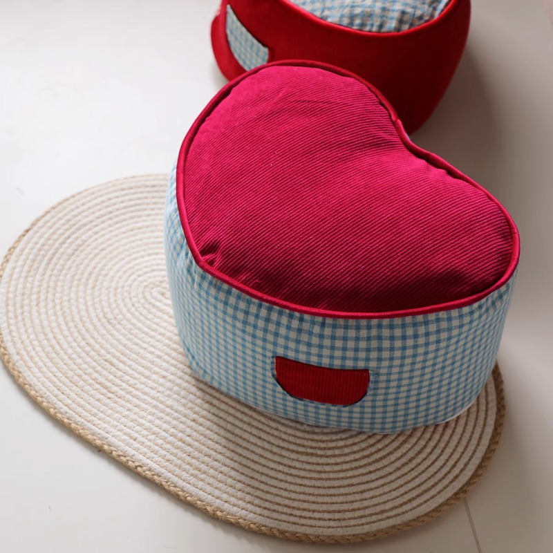 Fabric Heart Plaid Floor Cushion, Cute Entryway Shoe Stool, Removable Tatami Pouf, Cream Style Kids Room Footrest Seat