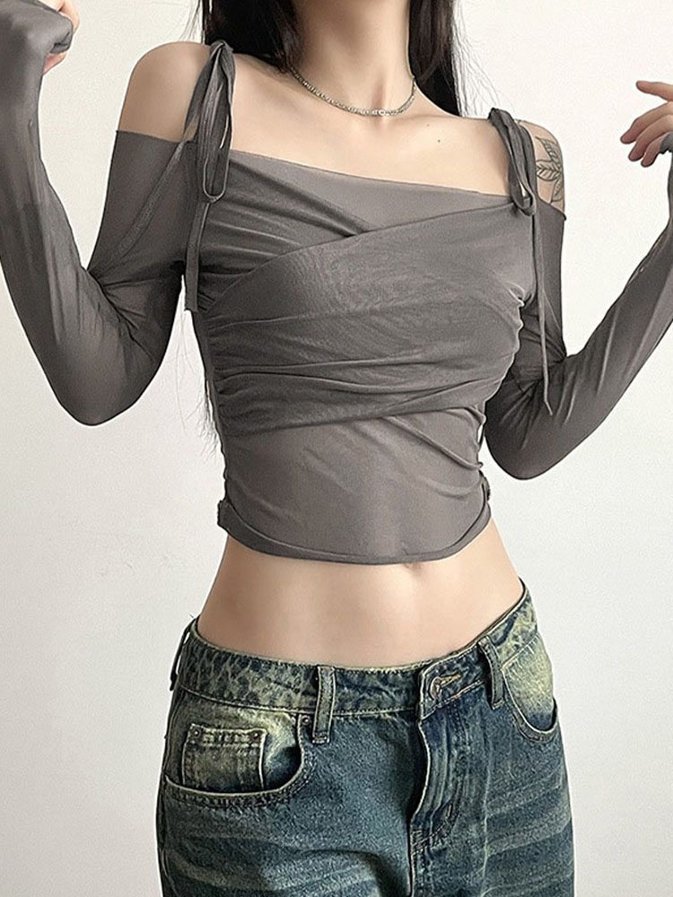 Damen Y2K Streetwear Solid Slash Neck Crop Top Sexy Off-Shoulder Langarm Slim Mesh Tee Straps T-Shirt