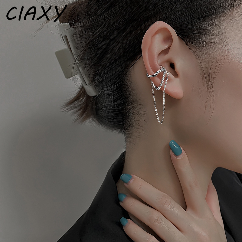 CIAXY Zilver Kleur Rechts Oor Clip met Zirkoon Dubbele Ketting Kwastje Nep Oorbellen Oor Manchetten voor Vrouwen Hiphop Rock Sieraden