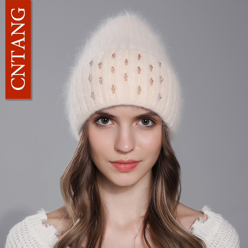 CNTANG Muts Voor Vrouwen Warm Gebreide Angora Konijnenbont Mutsen Mode Met Kraal Hoeden Vrouwelijke Hoge Kwaliteit Casual luxe Cap