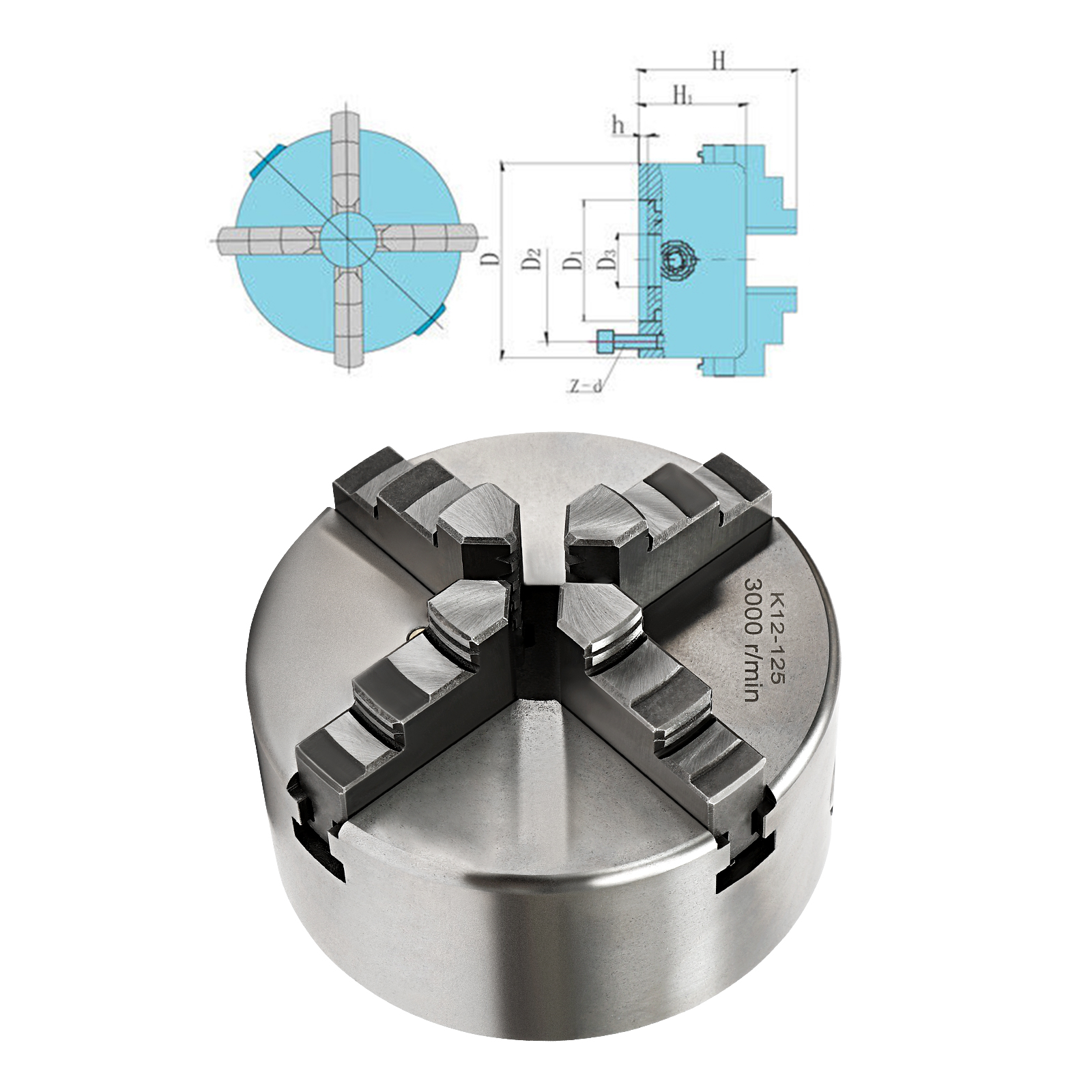 Mandril de Torno Autocentrante de 4 Garras 80mm/100mm/125mm, Conjunto de Mandris Autocentrantes para Máquinas Ferramentas em Geral, Máquinas Ferramentas CNC, etc.