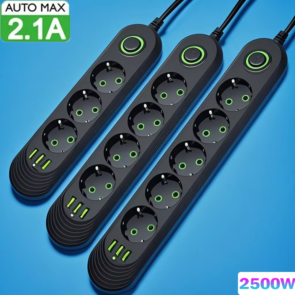 Przedłużacz z gniazdem AC 2500W, wtyczka EU, listwa zasilająca z filtrem sieciowym, porty USB do ładowania, 1 sztuka