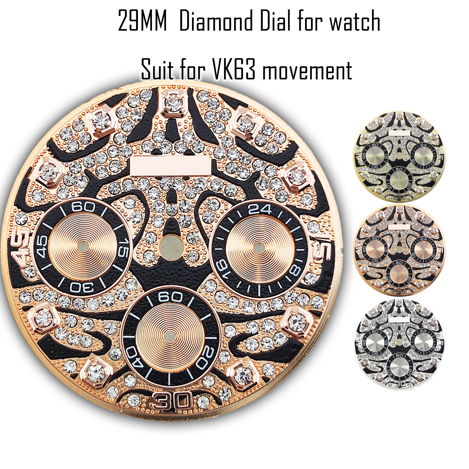 Tombol jam tangan 29mm VK63 dial pola batu permata gaya jam tangan aksesoris upgrade cocok untuk gerakan VK63 nama kustom DIY