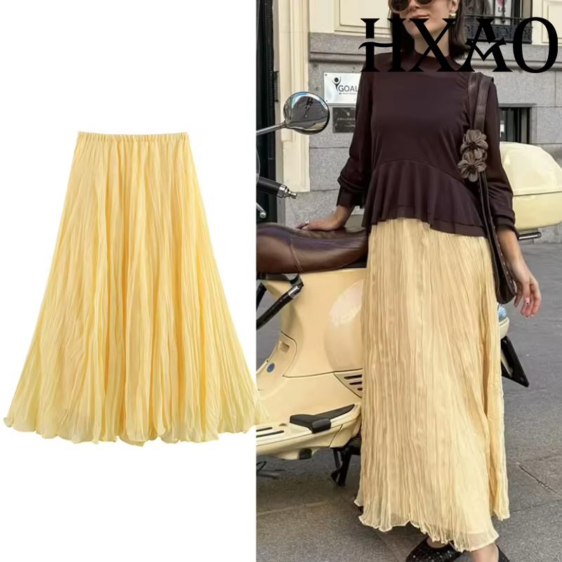 HXAO Falda larga plisada mujer Primavera Verano faldas elegantes para mujer falda Midi de tul de hadas falda amarilla con volantes de cintura alta 088