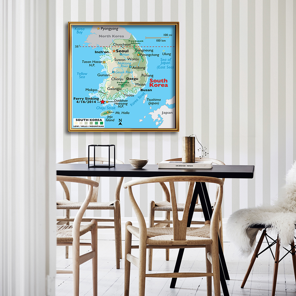 Plakat na płótnie z włókniny z mapą geograficzną Korei, 150x150 cm, do dekoracji, prezent, do salonu, sypialni, mural na ścianę.