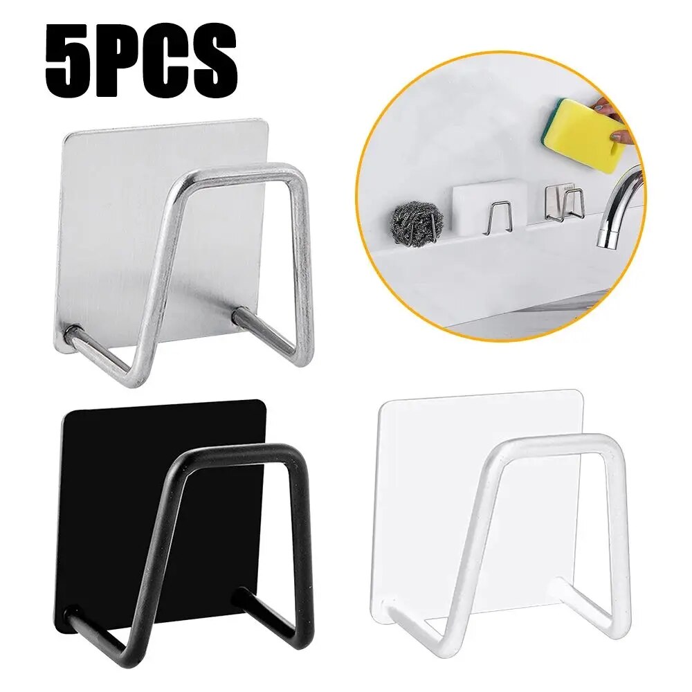 Soporte de esponjas de cocina de 5 uds., esponjas de fregadero de acero inoxidable, estante de secado de drenaje, soporte de almacenamiento autoadhesivo, organizador de ganchos de pared