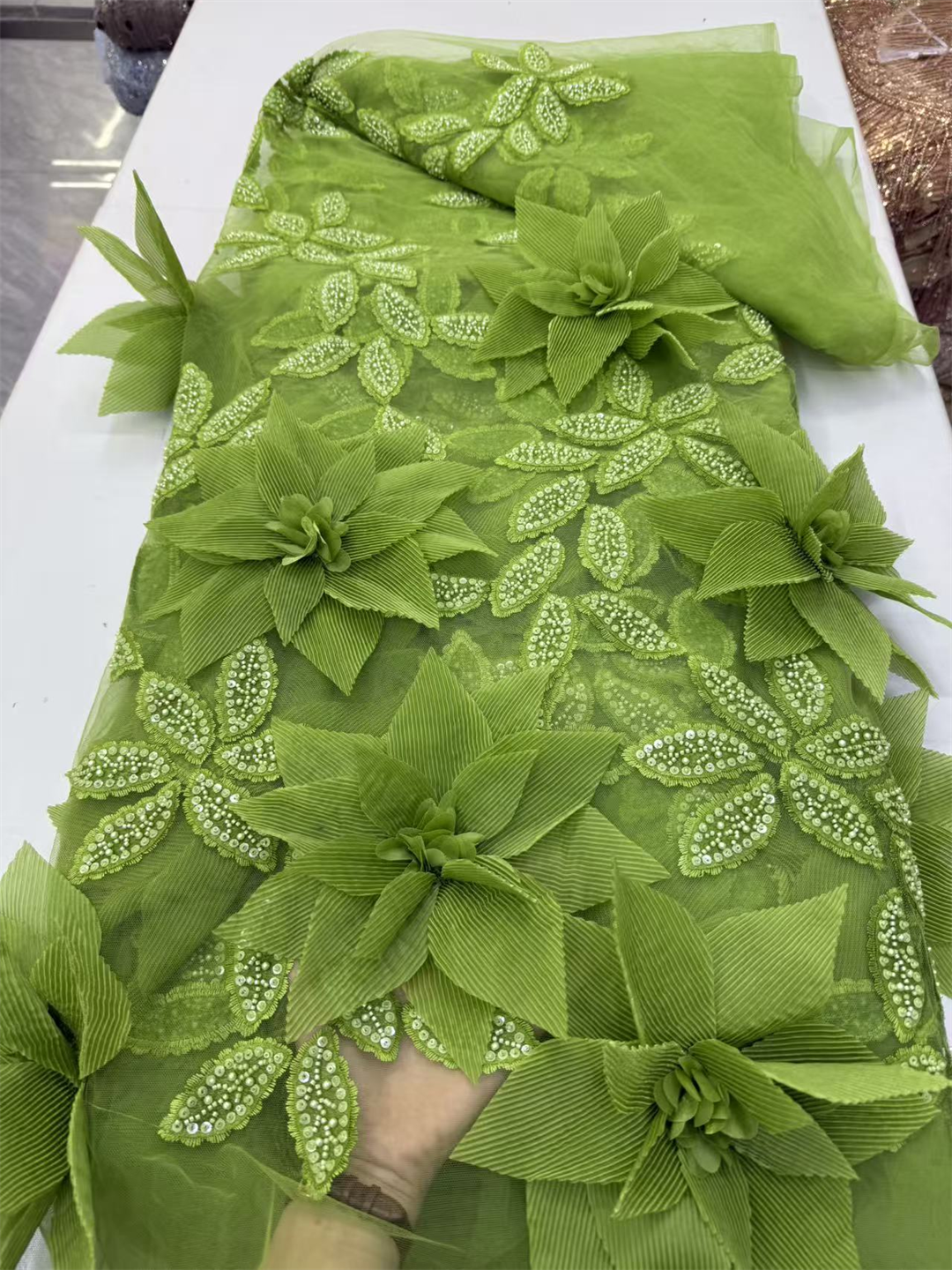 Kain Renda 3D Mewah dengan Tulle Bunga, Manik-manik Tangan Dubai, Bordir, Afrika, Nigeria, Kain untuk Jahit, 5 Yard