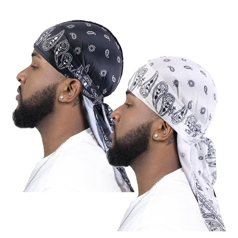 2 STKS/PARTIJ mannen Tulband Hoed Gedrukt Pruiken Durag Biker Headwrap Piraat Hoeden Cap Voor Mannen Haaraccessoires Lange Staart bandjes Bandana