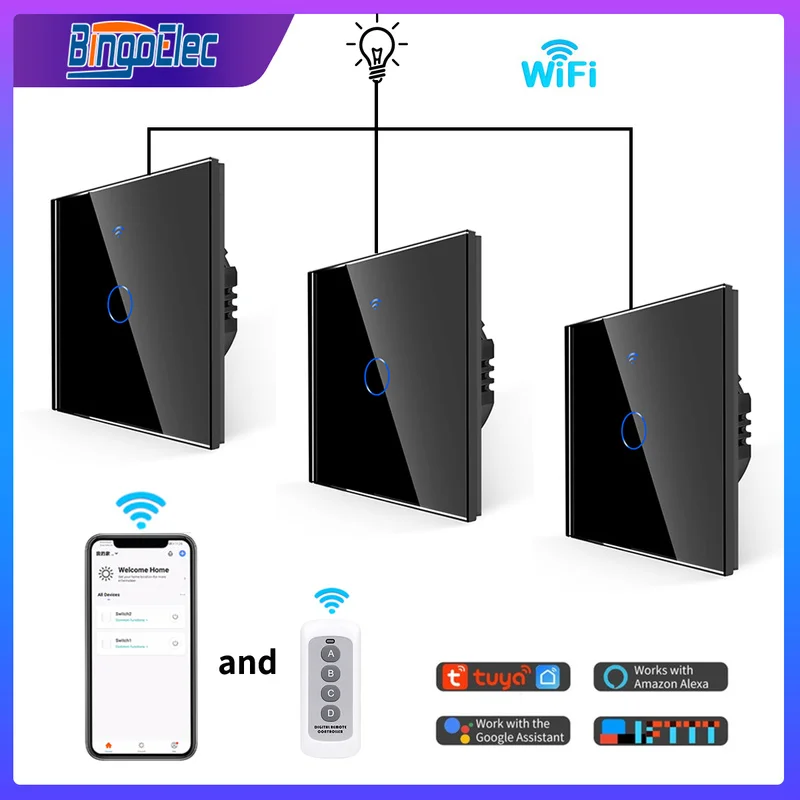 Bingoelec บันไดกลางสวิทช์ Tuya WiFi สมาร์ทสวิทช์แผงกระจกสวิทช์สัมผัสผนัง RF รีโมทคอนโทรล Alexa Google Home