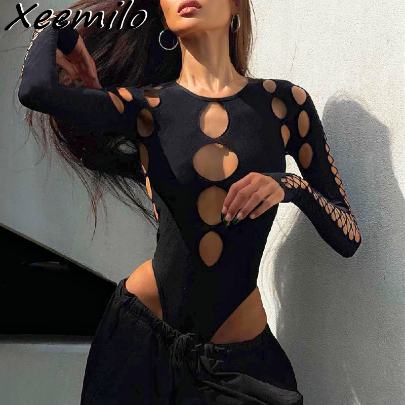 Xeemilo-女性のためのセクシーな長袖タイトフィットTシャツ,透かし彫りのボディスーツ,ゴシック,パンク,長袖,スリムフィット,秋