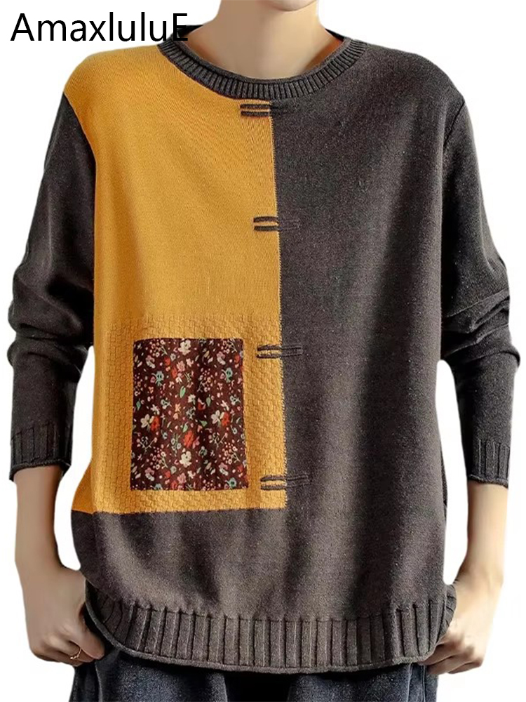 Amax luluE Design cinese Moda Pullover Inverno Donna Stampato Maglioni larghi Donna Tempo libero Maglioni vintage Maglieria in cotone