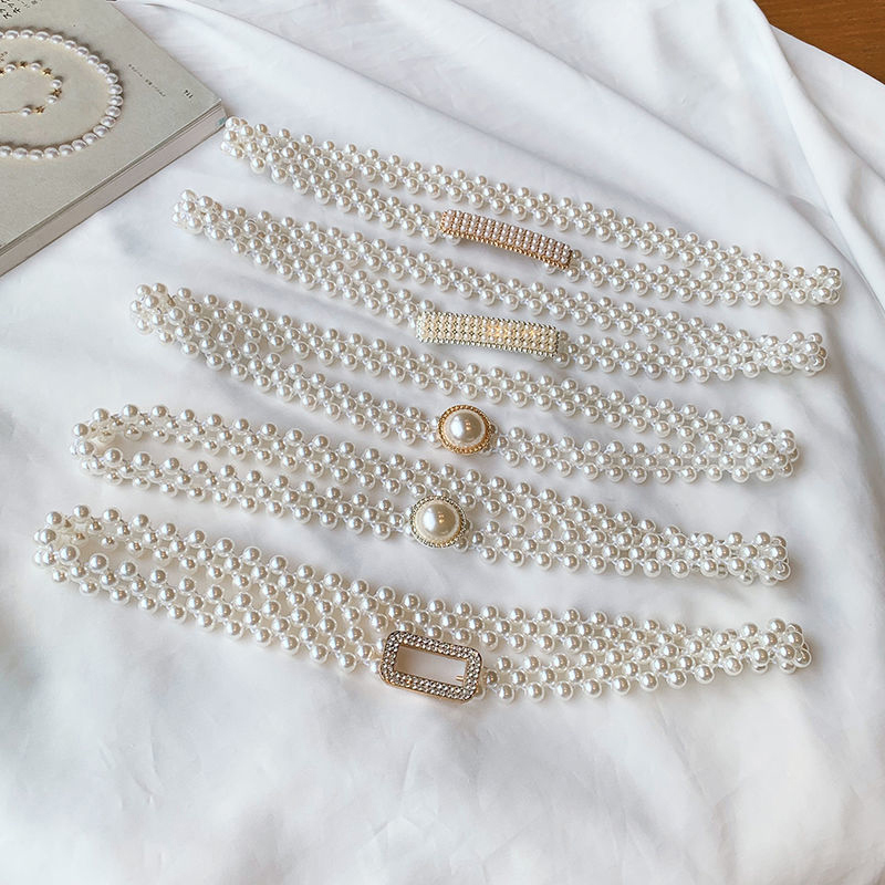 Corrente de cintura de imitação de pérola feminina com diamante, cinto elástico, cinto, saia, vestido, vestuário, moda, grande