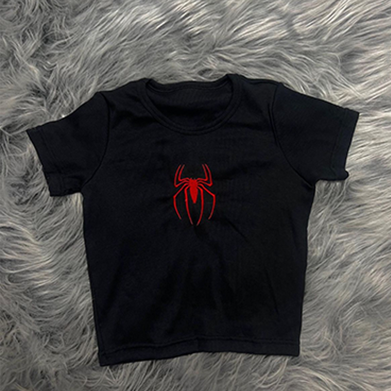 Frauen O-Ausschnitt rote Spinne Stick muster T-Shirt Kurzarm schwarz Gothic Crop Top Sommer Baby T-Shirt y2k Kleidung