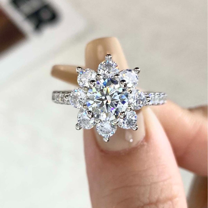 DWJ – bague ronde en diamant Moissanite, fleur en or, 1CT, adaptée aux femmes, en argent Sterling 925 véritable, bijoux fins de haute qualité