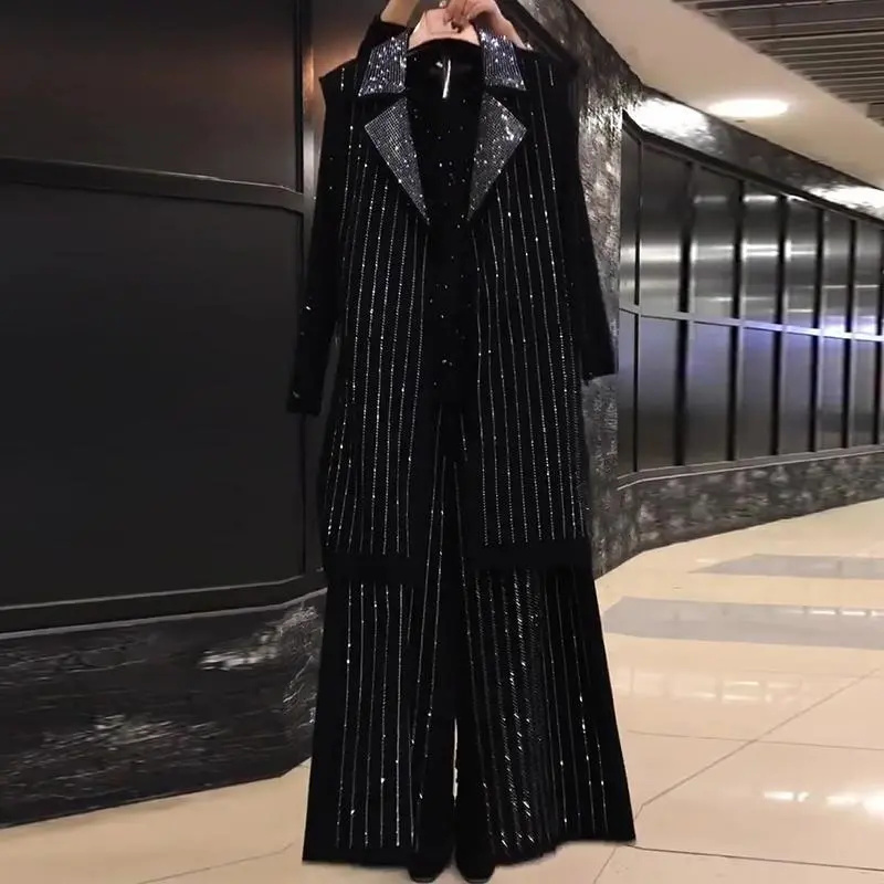 Vette Vrouwen Herfst Nieuwe Mid Length Covering Vest Wijde Pijpen Broek Dikke Zus Zware Industrie Heldere Diamant Driedelige Set Vrouw