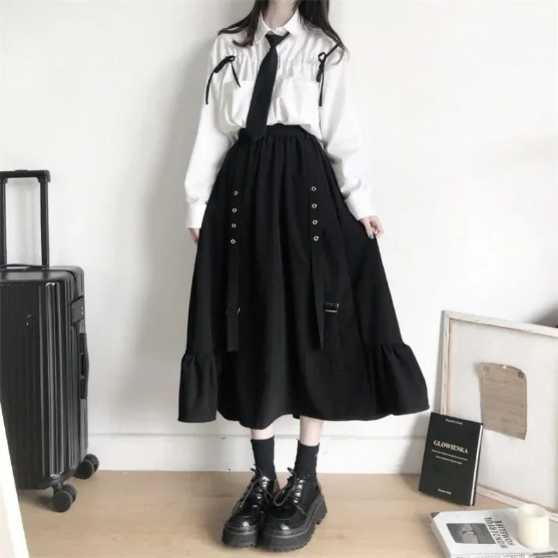 2026 Spring/Autumn Women Skirts High Waist Student Korean Style Dark Vintage Ruffle Long A-line Skirts Woman Fashion
