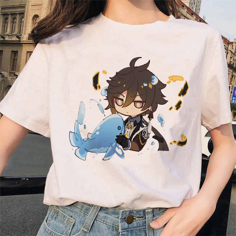 Genshin Impact Shirt Zhong Li Morax Tees Women Short Sleeve100% Cotton Summer Cartoon Streetwear Print O-Neck GirlsTops Harajuku