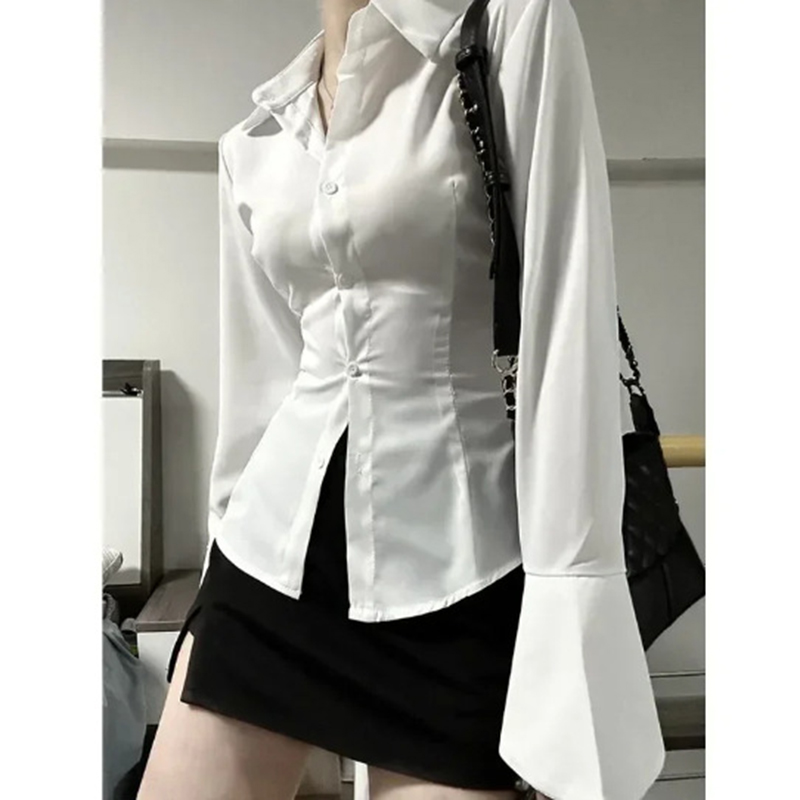 Camicie da donna bianche con fasciatura Camicetta femminile coreana sexy slim svasata a maniche lunghe Primavera Autunno Nuovo ufficio Top da donna tutti abbinati