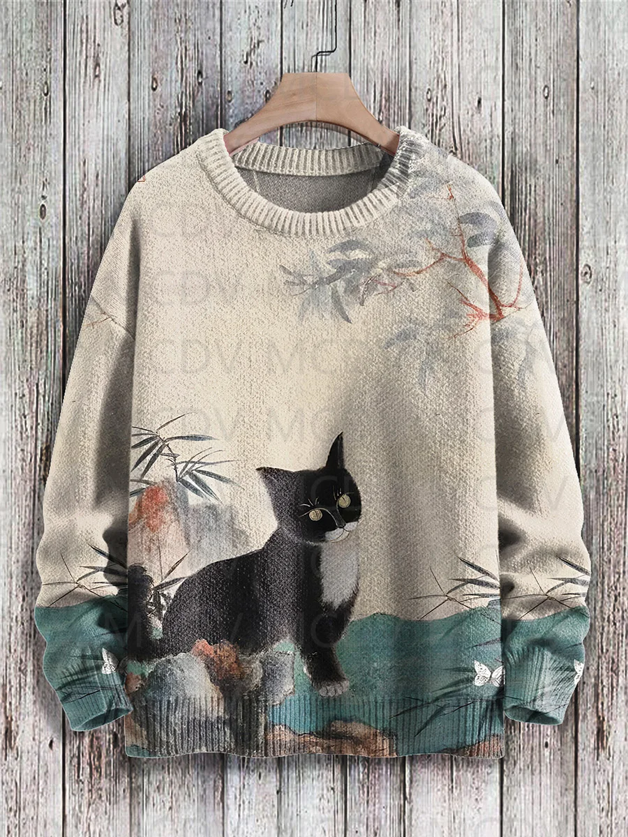Maglione Pullover lavorato a maglia con stampa Casual Cat Art in stile giapponese retrò da donna per maglione da uomo