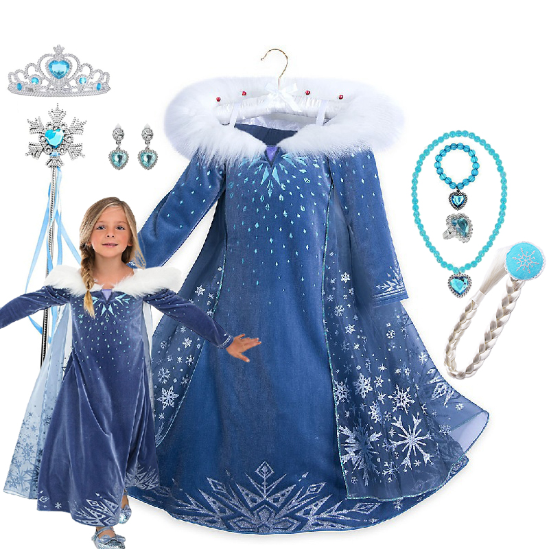 Girls Cosplay Frozen Elsa Princess Dress Children Winter Fill Sleeve Snow Queen Costume Kids Carnival Birthday Party Dresses