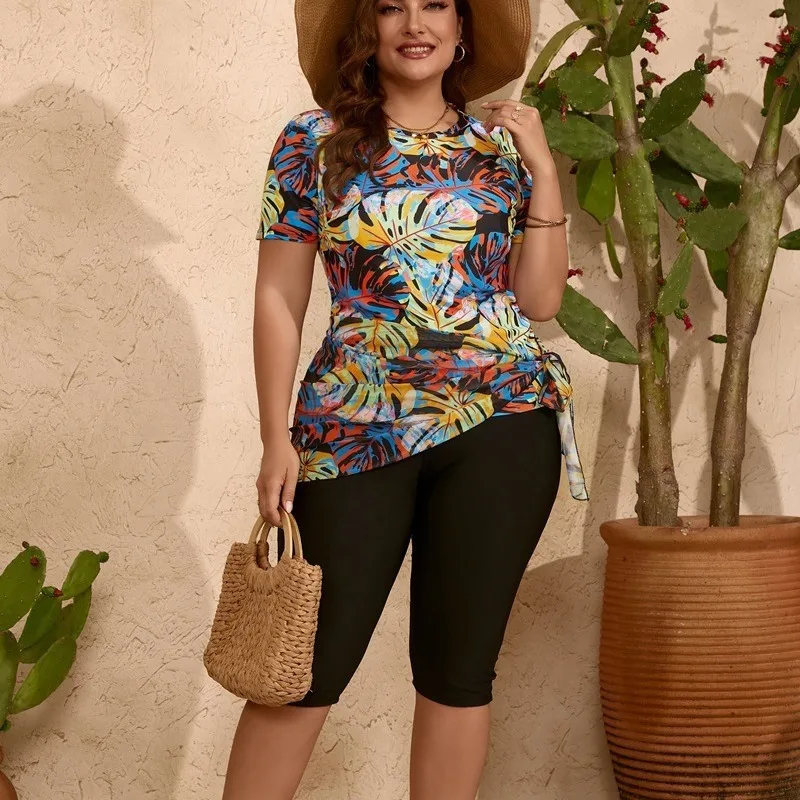 2024 Tankini PLUS 0XL-4XL traje de baño de talla grande europeo y americano estampado de diamantes de una pieza PLUS traje de baño pantalones de pierna dividida