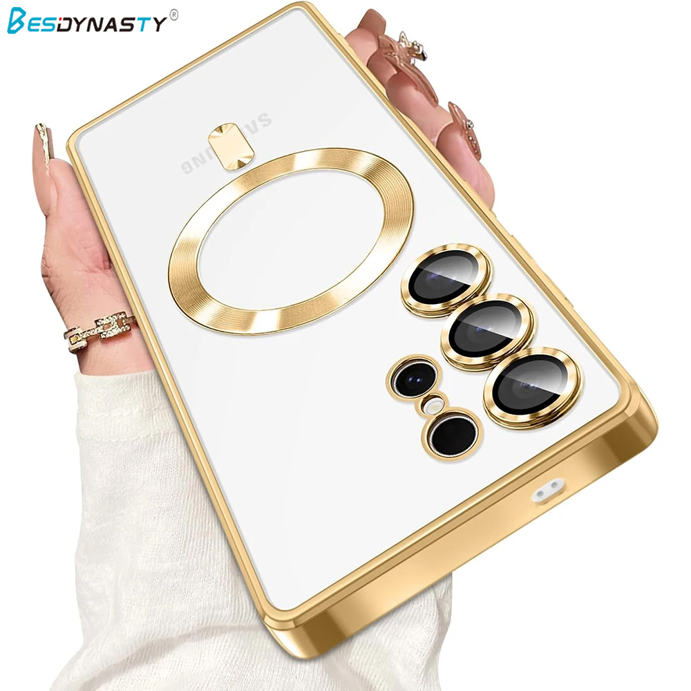 Custodia Magnetica Robusta per Samsung Galaxy S26 S25 S24 S23 S21 FE S22 Ultra Plus Compatibile con MagSafe, Cover Lusso Placcata Morbida Trasparente