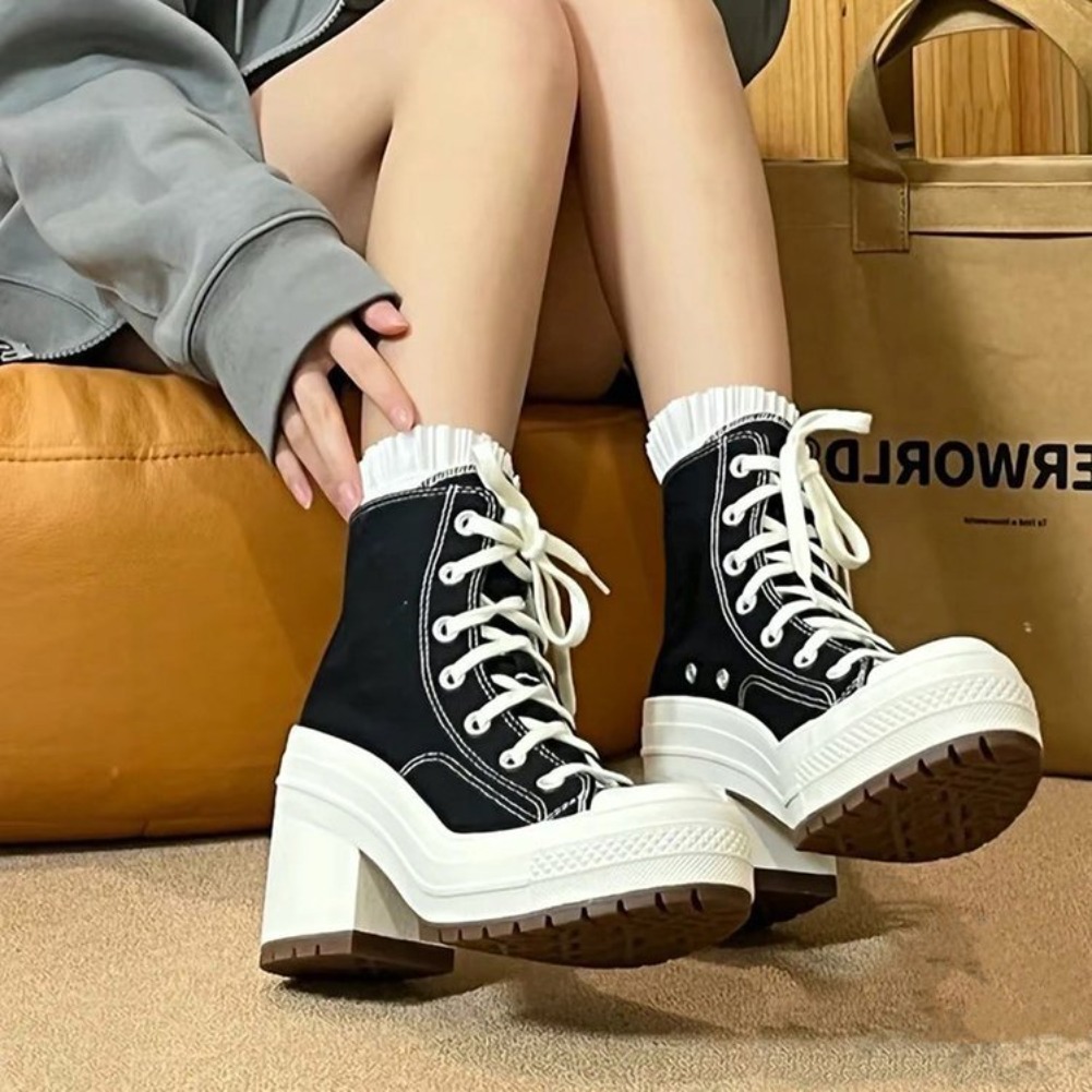 2025 Dames Platform Sneakers Canvas Schoenen Gepersonaliseerde Luxe Hakken Skateboard Lace Up Casual Mode Outdoor Sneakers