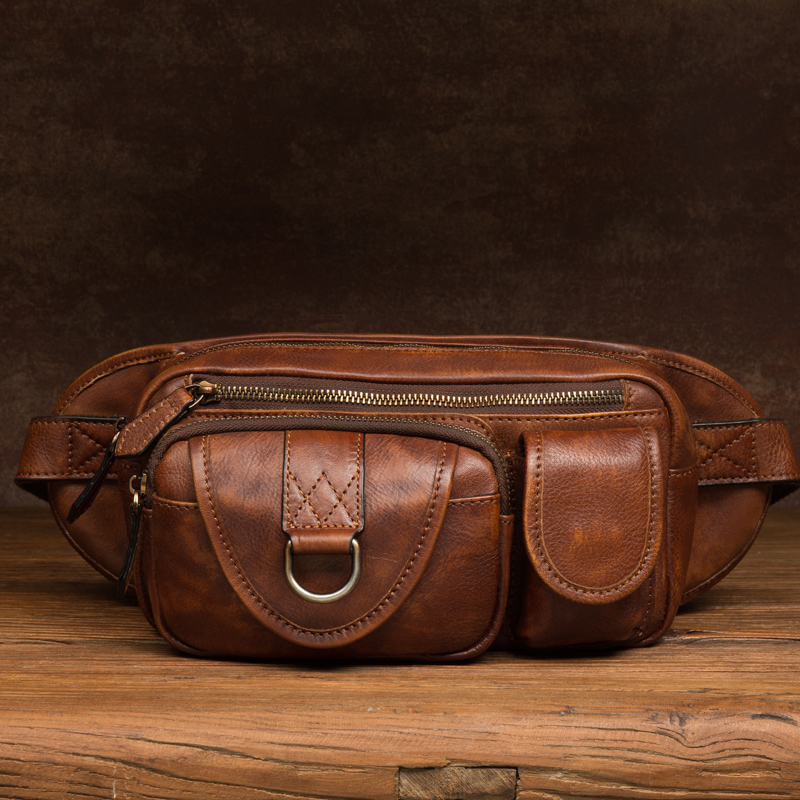 Peito de couro curtido vegetal, cabeça, couro de vaca, bolso de mão, couro de lazer, bolsa masculina pendurada no ombro, bolso esportivo