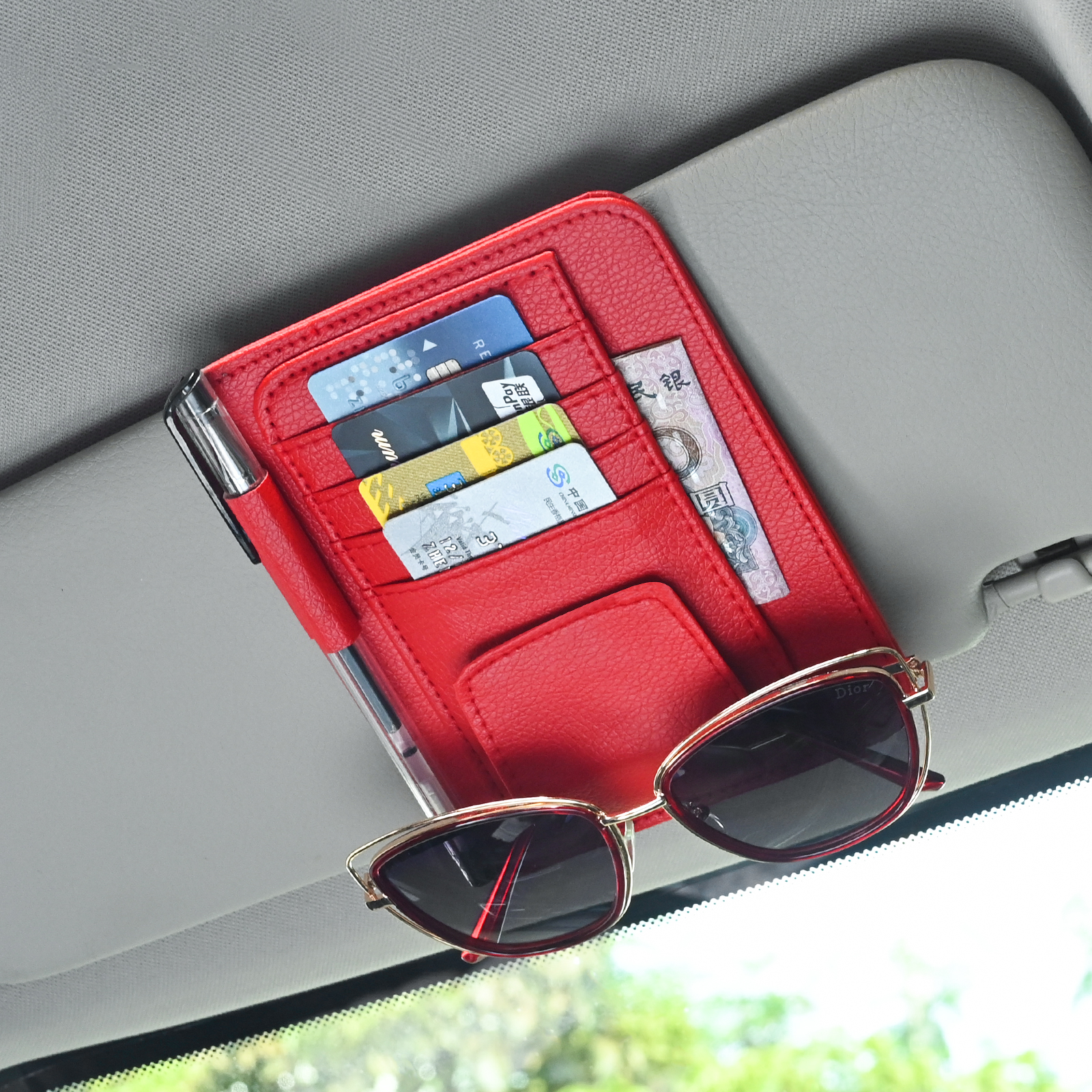 รถVisor Organizer Multi-Pocketกระเป๋ากระเป๋าแว่นตาผู้ถือScratch-Resistant Auto Visorสําหรับภายในรถรถ