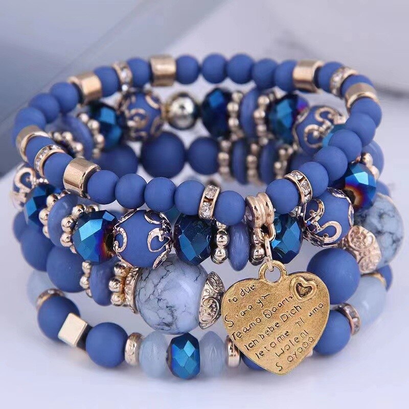 Juego de 4 pulseras estilo bohemio para mujer, pulseras de cuentas de cristal, brazaletes elásticos con letras y corazones, pulsera de yoga, regalos de joyería K-